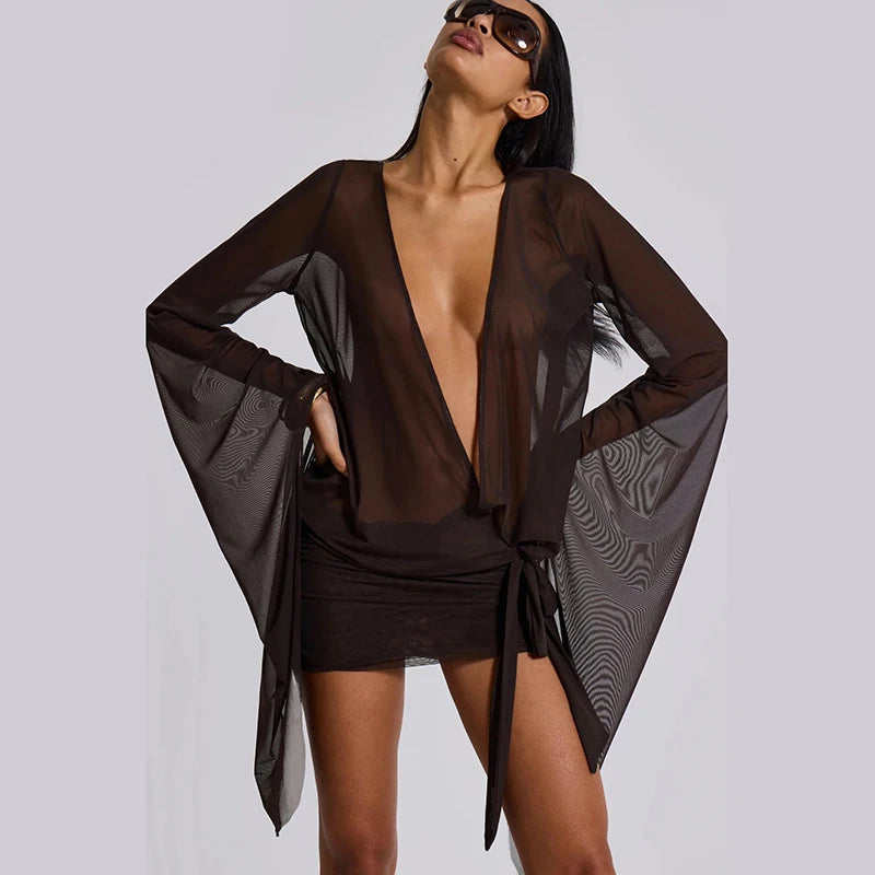Women Mesh Irregular  Mini Dress Sexy See Through Chic Long Sleeve Deep Low Neck Bandage Slim Vestidos Mujer Coquette Frock