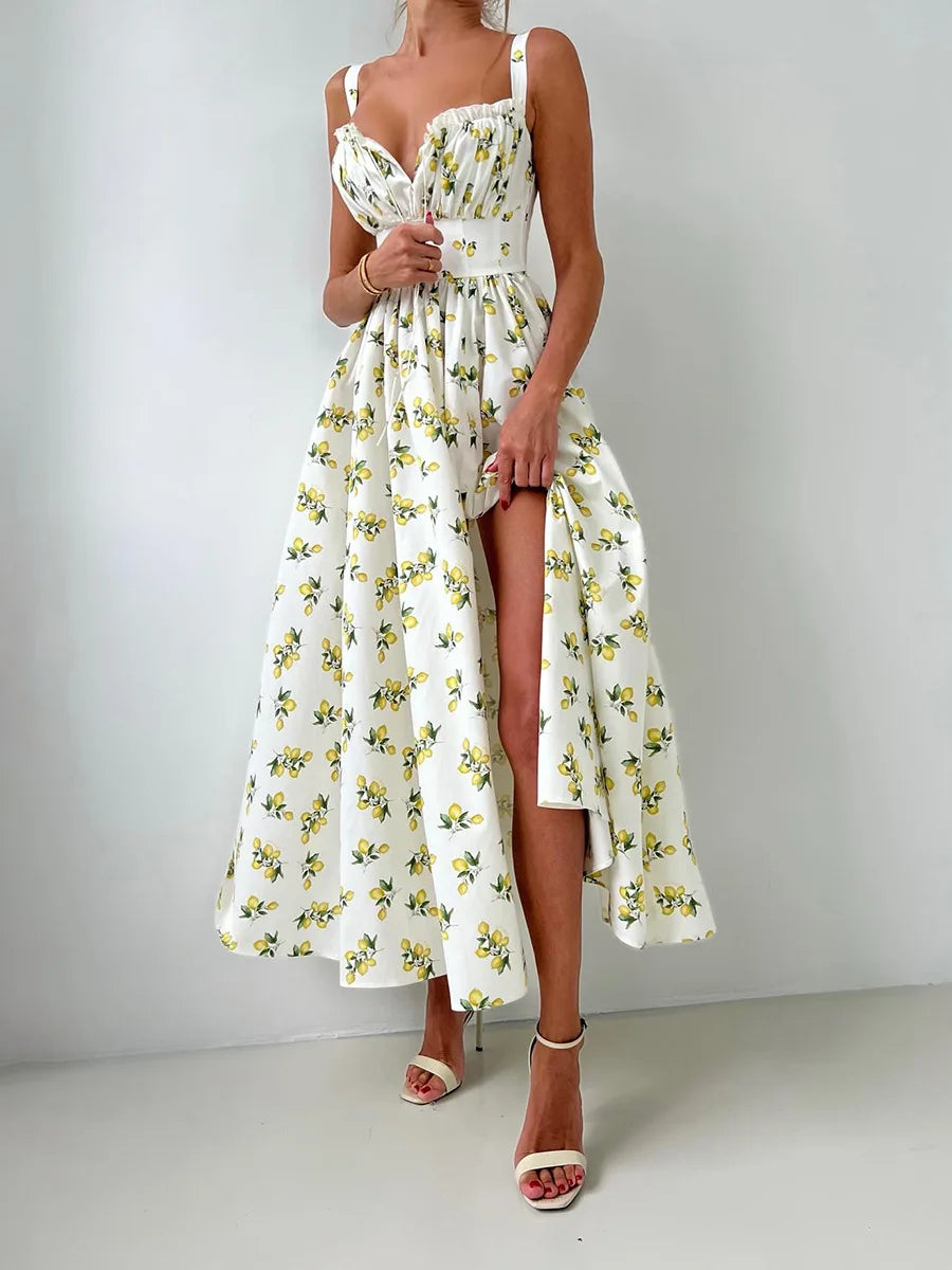 Bornladies 2025 Summer New Printing Cami Dress High Waist Slit Lemon Print Maxi Dress Vacation Long Dress For Women