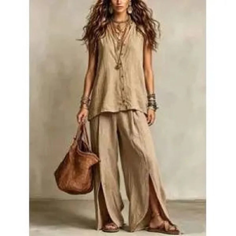 Vintage Solid Color Large Size Sleeveless V-neck Single-breasted Loose Vest Set Summer Lazy Vacation Two-piece Set