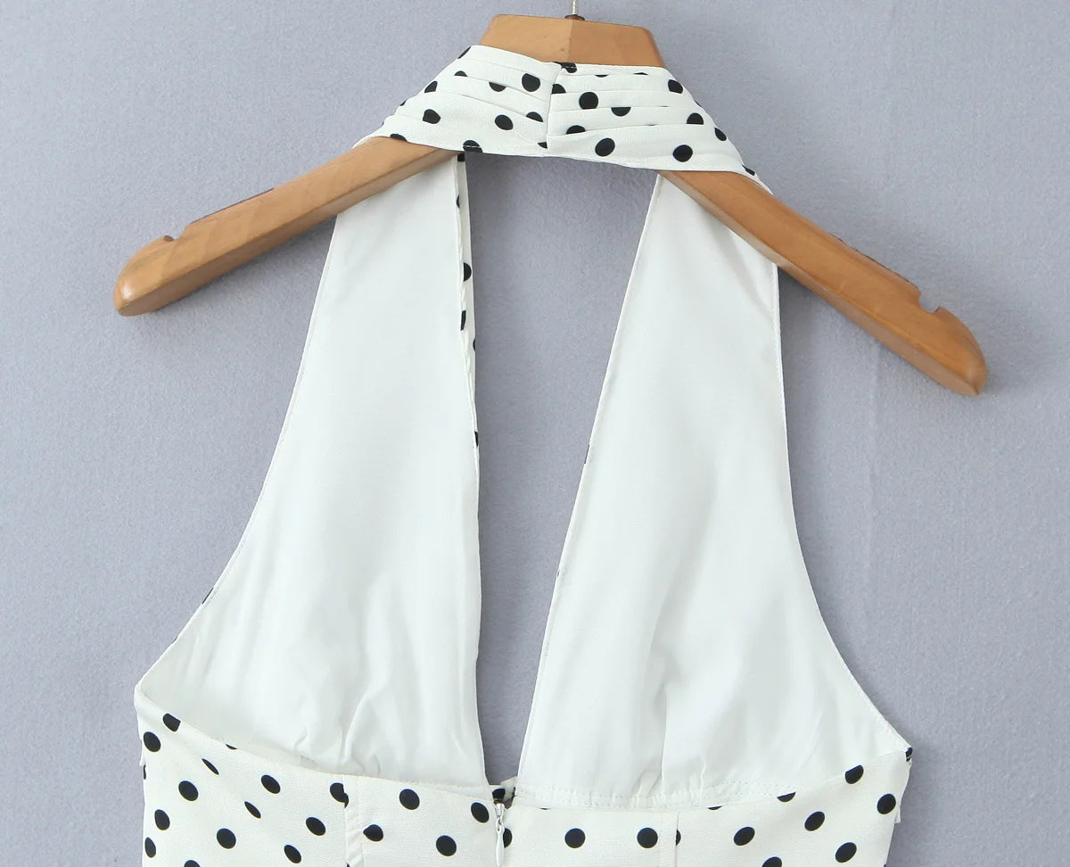 YENKYE French Style Retro Polka Dot Deep V Halter Dress Women Sexy Backless A-line Slim Sweet Elegant Mini Dresses Summer Robe