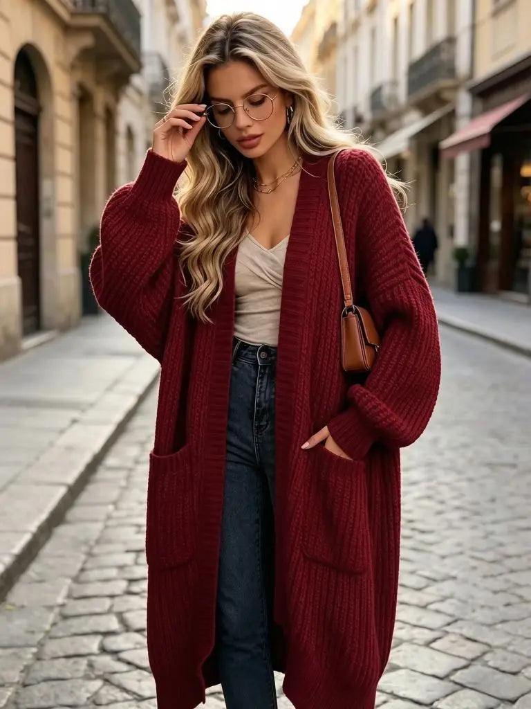 Women Oversized Long Knit Cardigan V Neck Open Front Pockets Thick Loose Lantern Sleeve Maxi Sweater Coat for Fall Winter