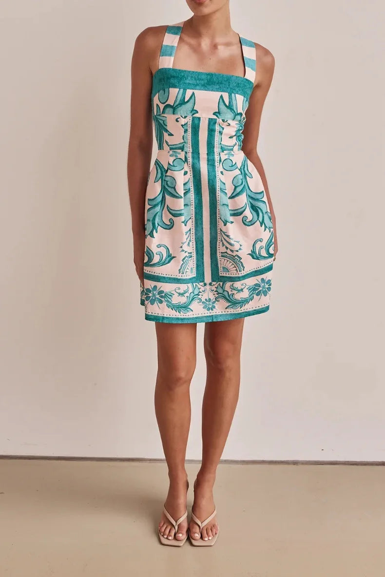 Women Summer Sexy Printed A-line Mini Dress Fashion Casual Blackless Sleeveless High Waist Off Shoulder Vestidos Party Dresses