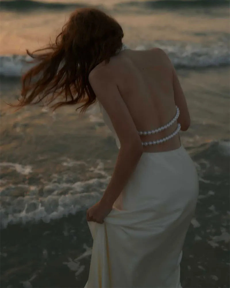 GACVGA Satin Backless Pearls Sexy Bodycon Prom Party Maxi Dress Halter Sleeveless Celebrity Evening Runway Slim Club Long Dress