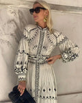 Retro Elegant Stand Collar Long Dress Women Spring Pattern Print Belted Buckle Party  Autumn  Sleeve A-Line Boho