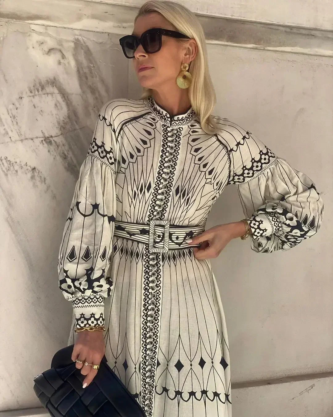 Retro Elegant Stand Collar Long Dress Women Spring Pattern Print Belted Buckle Party  Autumn  Sleeve A-Line Boho