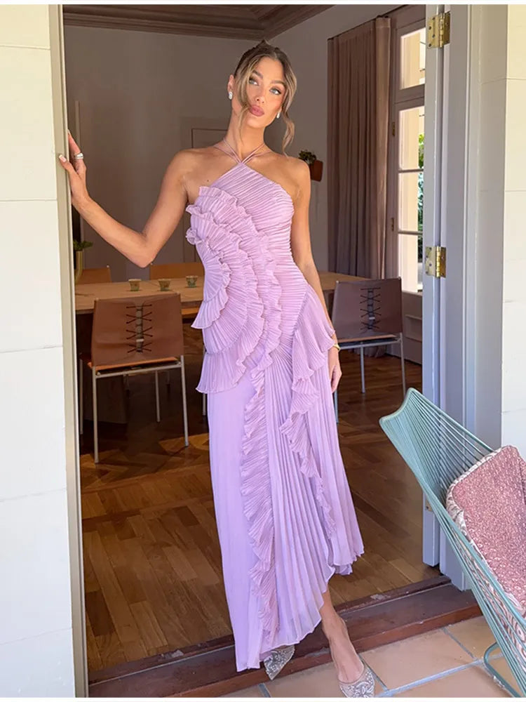 Elegant Purple Halter A Line Prom Gowns Ruffles Tiered Backless Party Gown Summer Vacation Chiffon Long Evening Dress