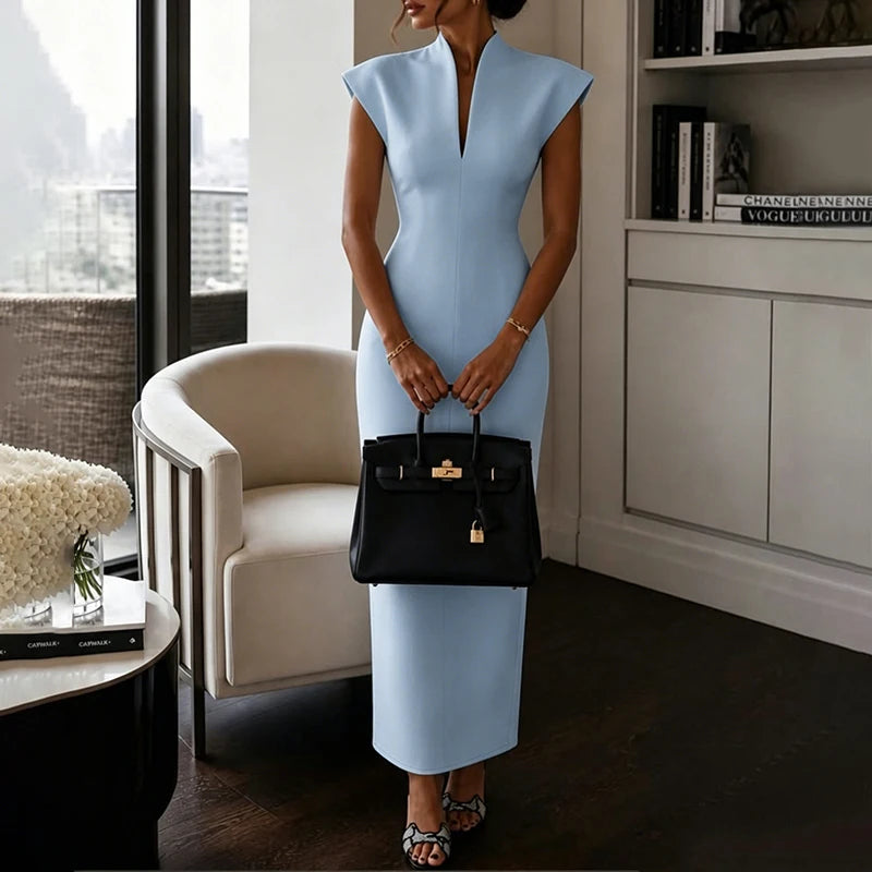 BKLD Women's Commuting Evening Party Elegant Gowns Solid Stand Collar V-neck Sleeveless Sheath Maxi Dresses Temperament Clothing
