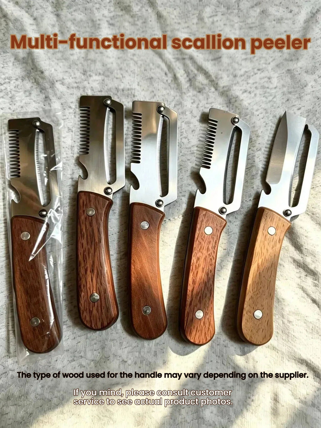 1/2/3/pcs Peeler Oak Three-in-one Stainless Steel Wooden Handle  For Peeling Slicing Onions Cutting Sugar Cane Cutting Fruits