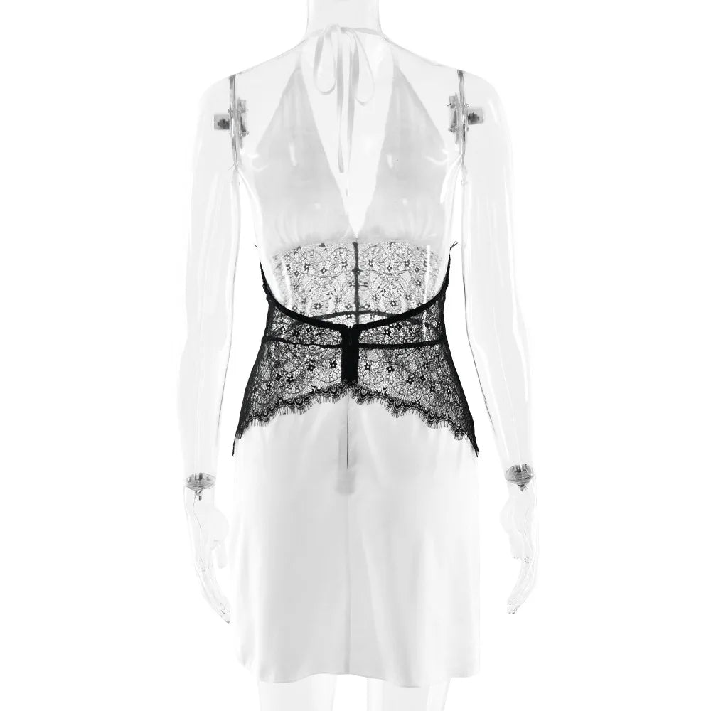 JULISSA MO Patchwork Lace Sexy Backless Mini Dress Women White Deep V-neck Halter Dress Winter Skinny Elegant Party Club Dresses