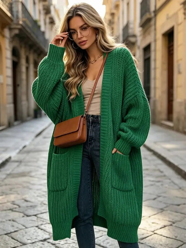 Women Oversized Long Knit Cardigan V Neck Open Front Pockets Thick Loose Lantern Sleeve Maxi Sweater Coat for Fall Winter