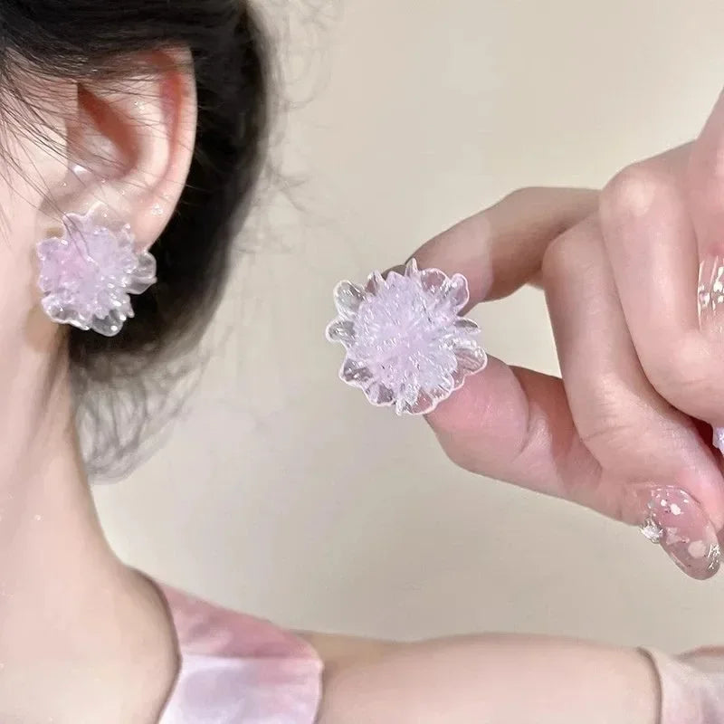 Korean Floral Hoop Cute Fashion Earrings for Women Alloy with Resin Inlay Japanese Style Suitable for Daily Wear and Weddings