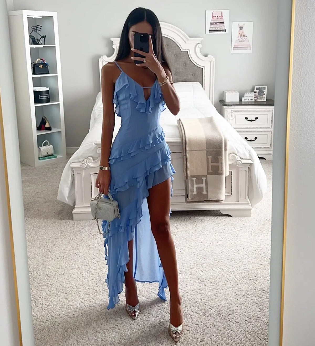 Holiday Maxi Midi Ruffles Beach Dress 2024 New Fashion Solid Color A-line Midi Dress Summer Sexy Strap Irregular Dress