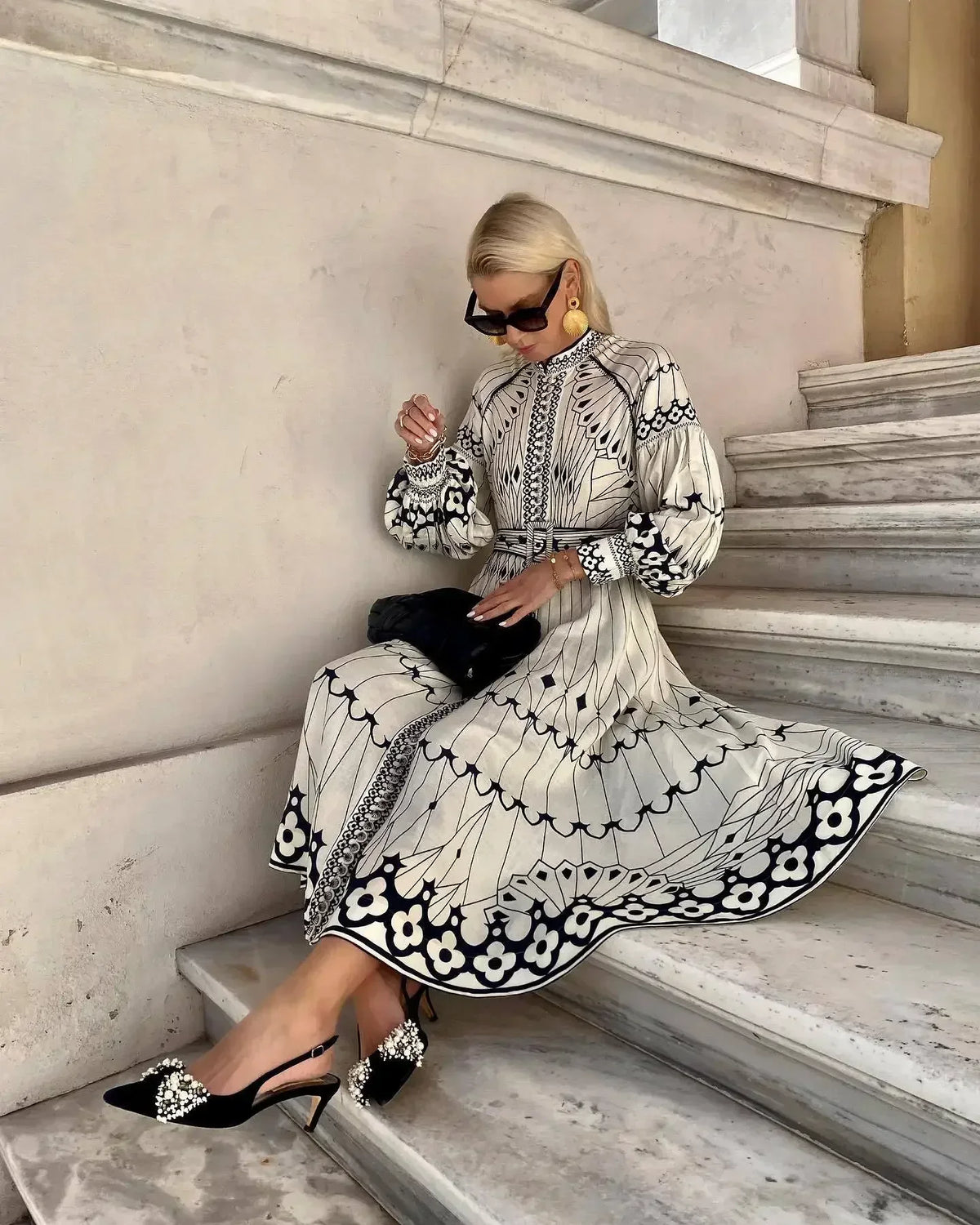 Retro Elegant Stand Collar Long Dress Women Spring Pattern Print Belted Buckle Party  Autumn  Sleeve A-Line Boho