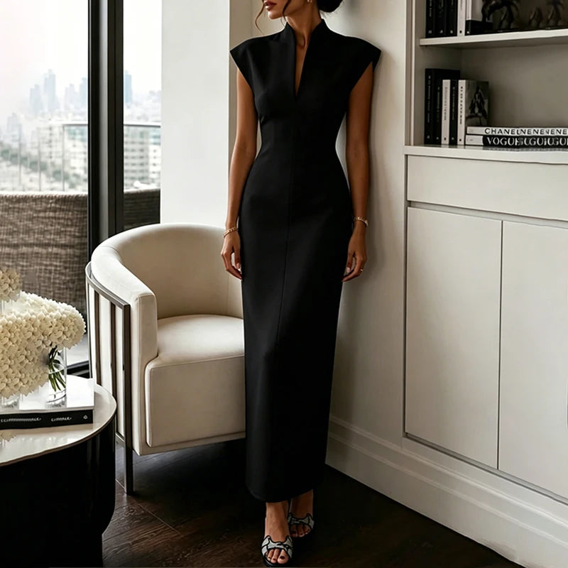 BKLD Women's Commuting Evening Party Elegant Gowns Solid Stand Collar V-neck Sleeveless Sheath Maxi Dresses Temperament Clothing