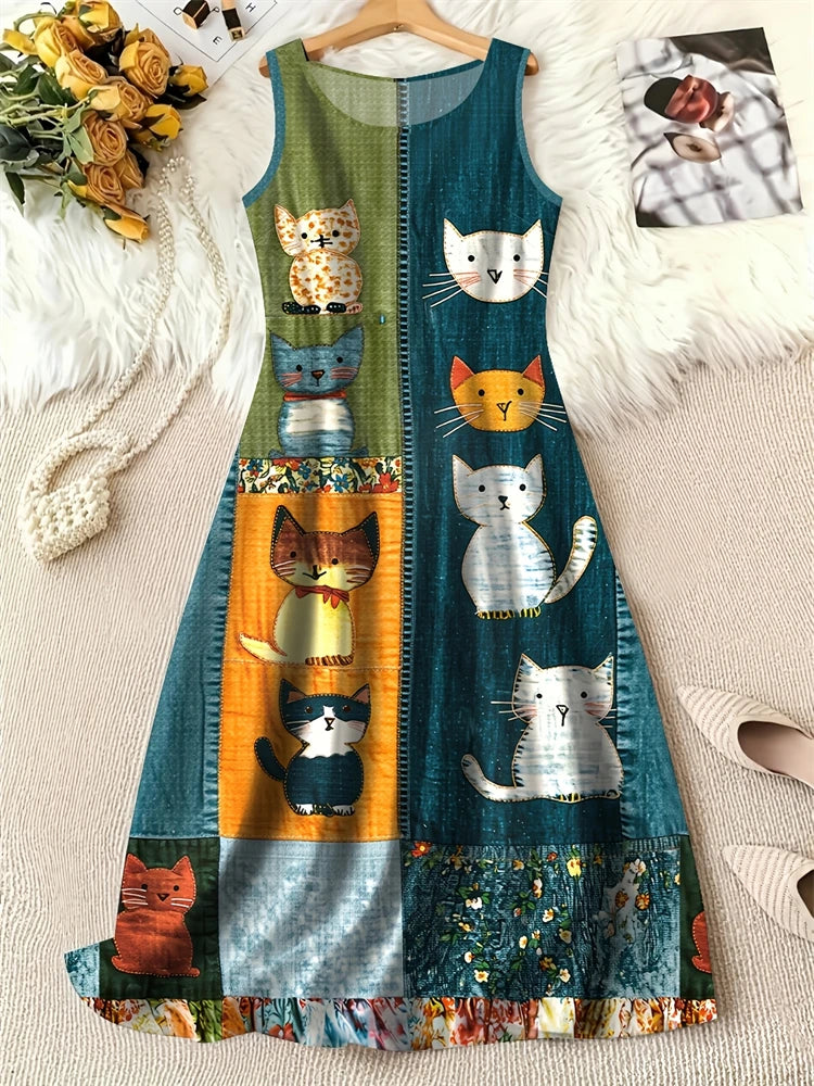 Women's Summer Anime Cat-Print Color-Block Dress; Summer Round-Neck Loose-Fit Casual Comfortable Stylish and Versatile Dress