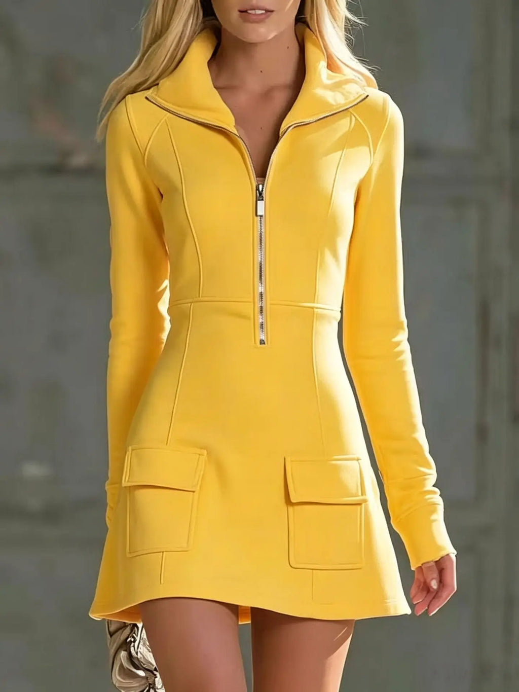 Women Half Zip Stand Collar Sweatshirt Mini Dress Autumn Winter Pink Long Sleeve Casual Slim Short Dresses Streetwear Outfits
