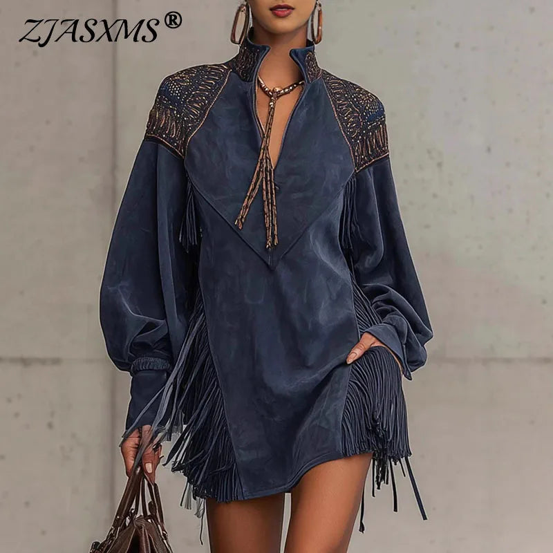 Vintage Fashion Print Tassels Mini Dress Woman Casual V Neck Pocket A-Line Dress Autumn Winter Long Sleeve High Waist Boho Dress