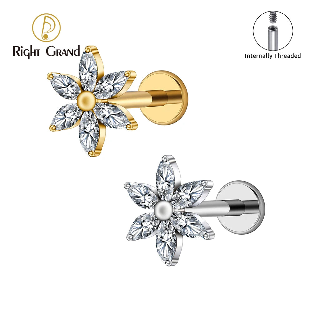 Right Grand ASTM F136 Titanium 16G Marquise Flower CZ Labret Stud Helix Conch Cartilage Tragus Flat Back Piercing Body jewelry