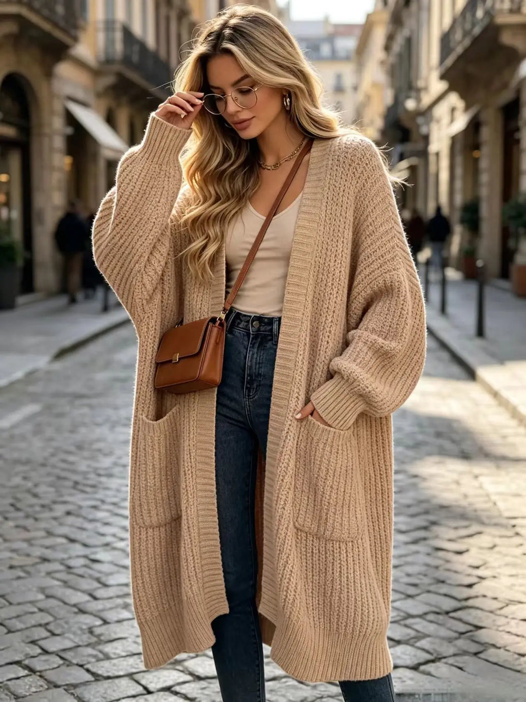 Women Oversized Long Knit Cardigan V Neck Open Front Pockets Thick Loose Lantern Sleeve Maxi Sweater Coat for Fall Winter