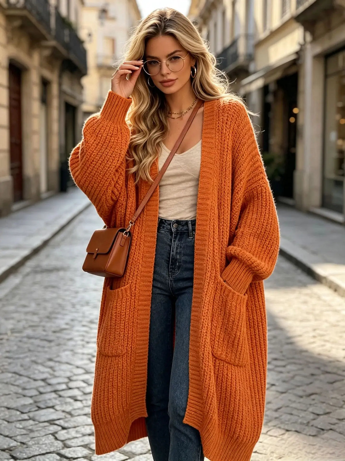 Women Oversized Long Knit Cardigan V Neck Open Front Pockets Thick Loose Lantern Sleeve Maxi Sweater Coat for Fall Winter