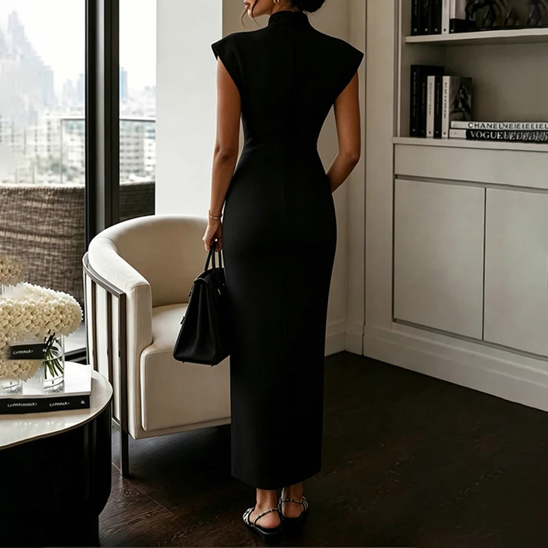 BKLD Women's Commuting Evening Party Elegant Gowns Solid Stand Collar V-neck Sleeveless Sheath Maxi Dresses Temperament Clothing