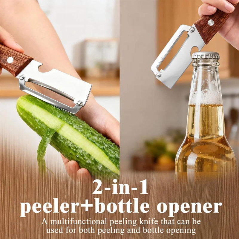 1/2/3/pcs Peeler Oak Three-in-one Stainless Steel Wooden Handle  For Peeling Slicing Onions Cutting Sugar Cane Cutting Fruits
