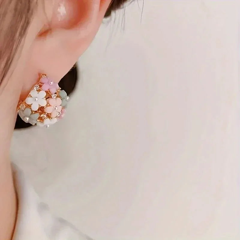 Korean Floral Hoop Cute Fashion Earrings for Women Alloy with Resin Inlay Japanese Style Suitable for Daily Wear and Weddings