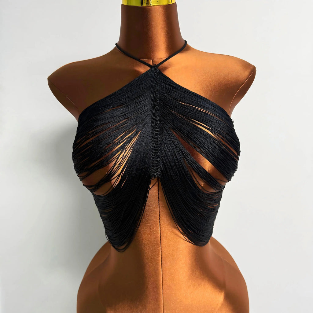 AKYZO European and American Sexy Tassel Black Top Stylish Hanging Neck Vest Spicy Girl Versatile Women's Clothing