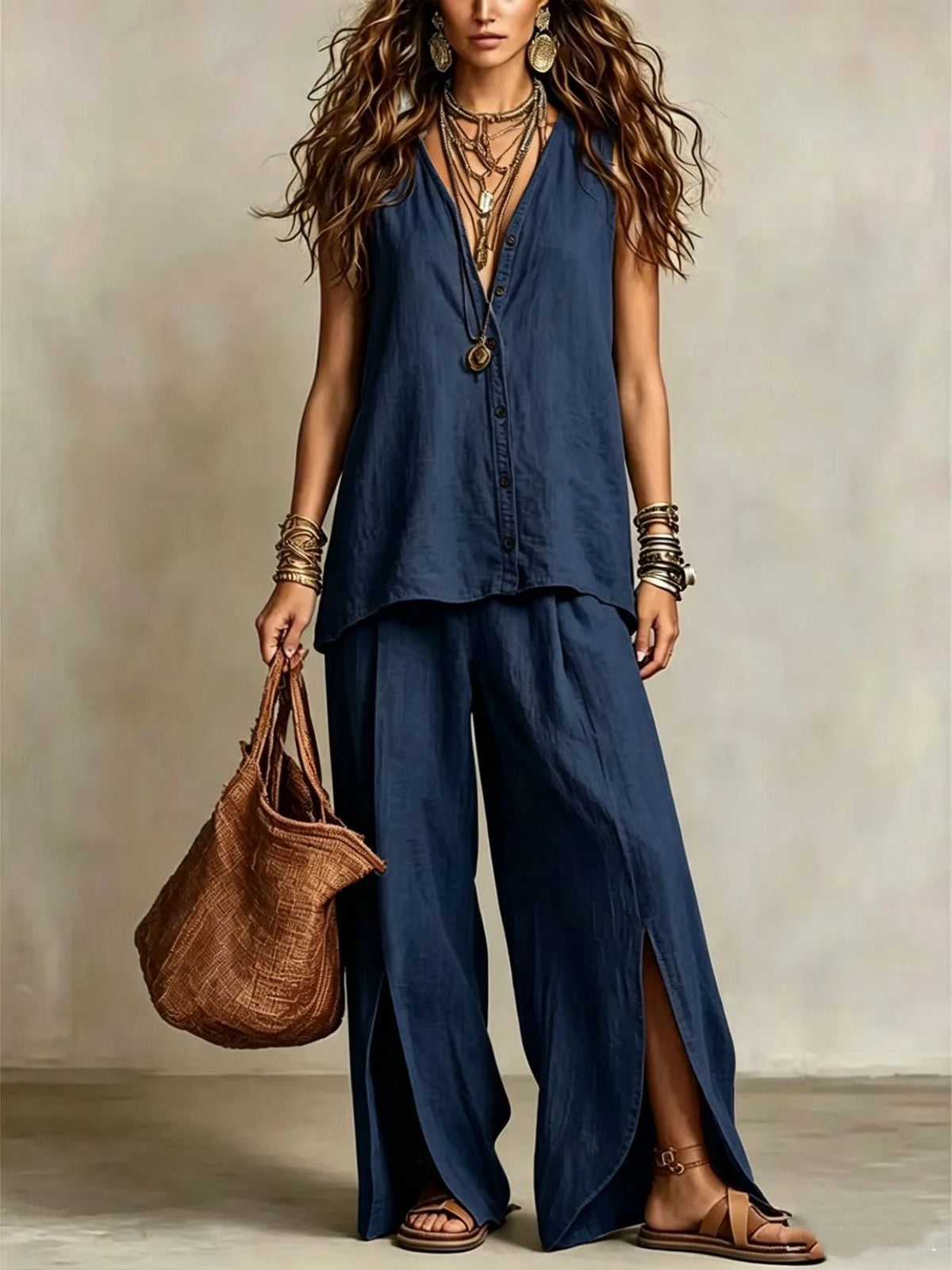 Vintage Solid Color Large Size Sleeveless V-neck Single-breasted Loose Vest Set Summer Lazy Vacation Two-piece Set