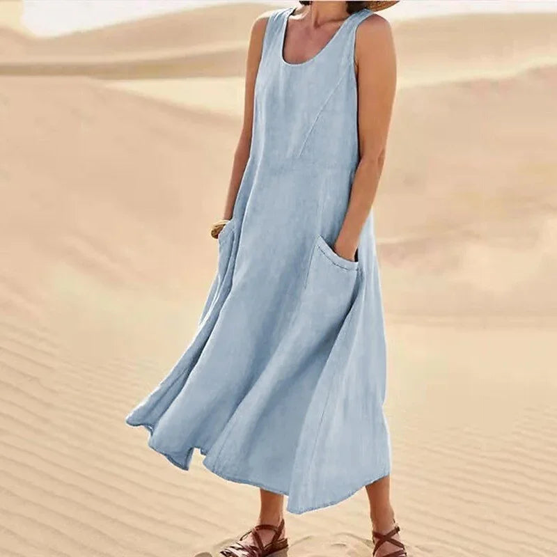 Sleeveless Suspenders Cotton Linen Dress Women Side Double Pocket Splicing Solid Color Dresses Women Summer Casual Commuter Gown