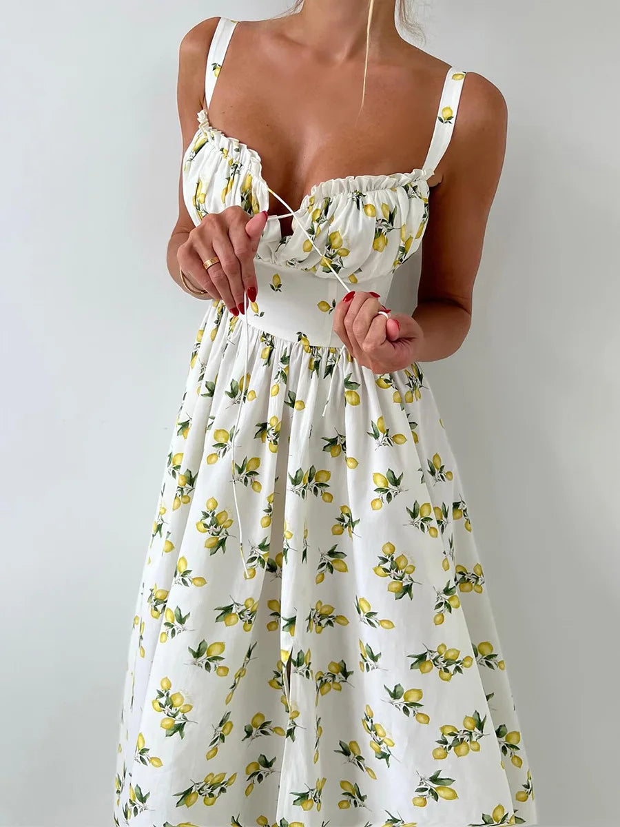 Bornladies 2025 Summer New Printing Cami Dress High Waist Slit Lemon Print Maxi Dress Vacation Long Dress For Women