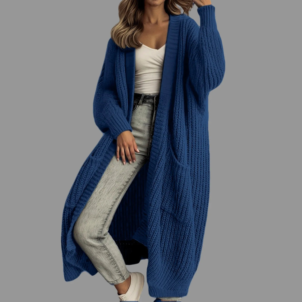 Women Oversized Long Knit Cardigan V Neck Open Front Pockets Thick Loose Lantern Sleeve Maxi Sweater Coat for Fall Winter