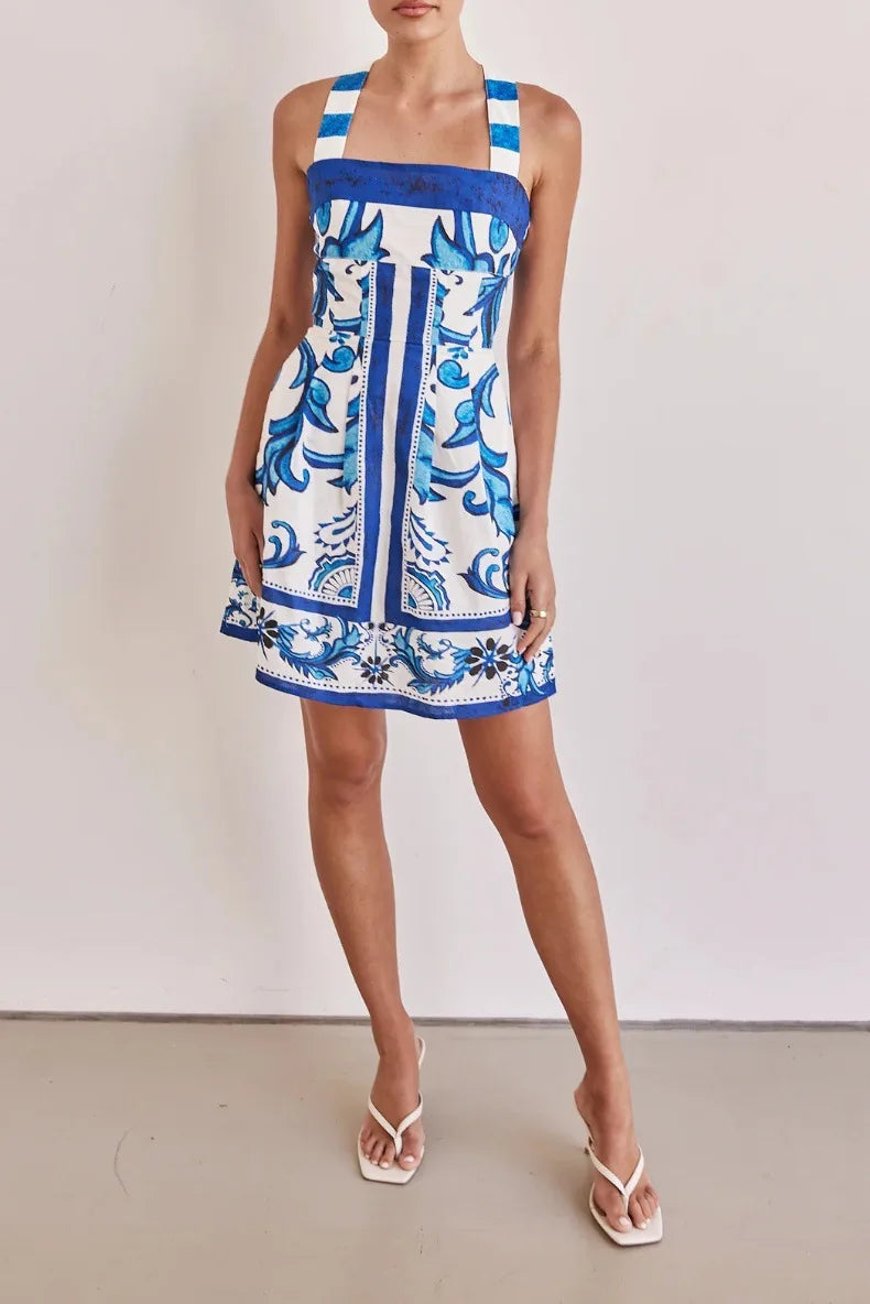 Women Summer Sexy Printed A-line Mini Dress Fashion Casual Blackless Sleeveless High Waist Off Shoulder Vestidos Party Dresses