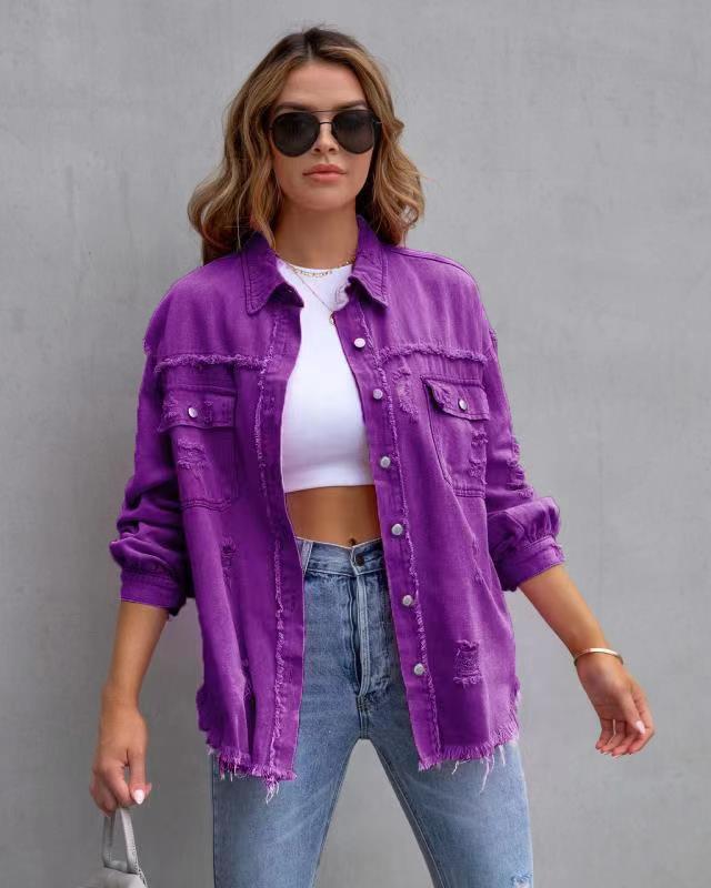 Fashion Ripped Shirt Jacket Female Autumn And Spring Casual Tops Womens Clothing - Rokkaku 18 online shop