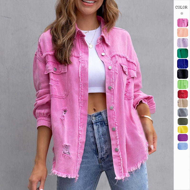 Fashion Ripped Shirt Jacket Female Autumn And Spring Casual Tops Womens Clothing - Rokkaku 18 online shop