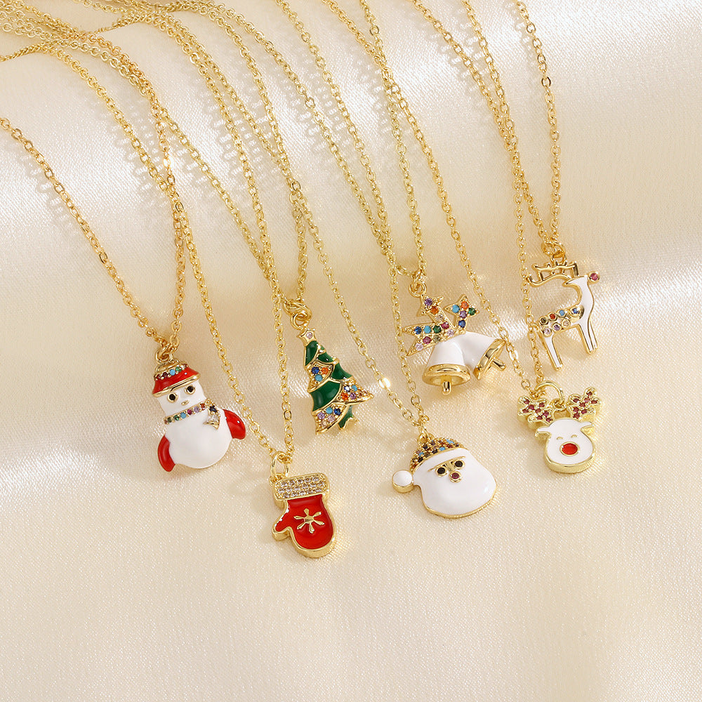 Christmas Tree Santa Claus Elk Snowman Oil-drop Necklace With Colored Rhinestones Ins Festival Clavicle Chain Necklace For Women Jewelry - Rokkaku 18 online shop