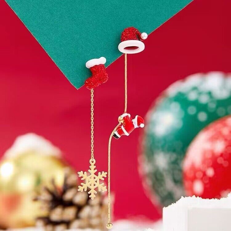 Ins Fashion Xmas Earrings Moving Santa Claus Long Tassel Earrings For Women Christmas Tree Snowflake Asymmetric Drop Earring - Rokkaku 18 online shop
