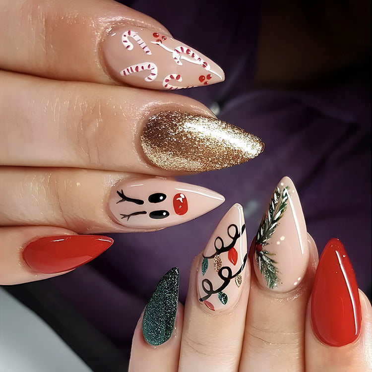 24pcs Christmas False Nails Hat Striped Snowflake Nail Art Stickers For Parties Dances Or Holiday Wear - Rokkaku 18 online shop