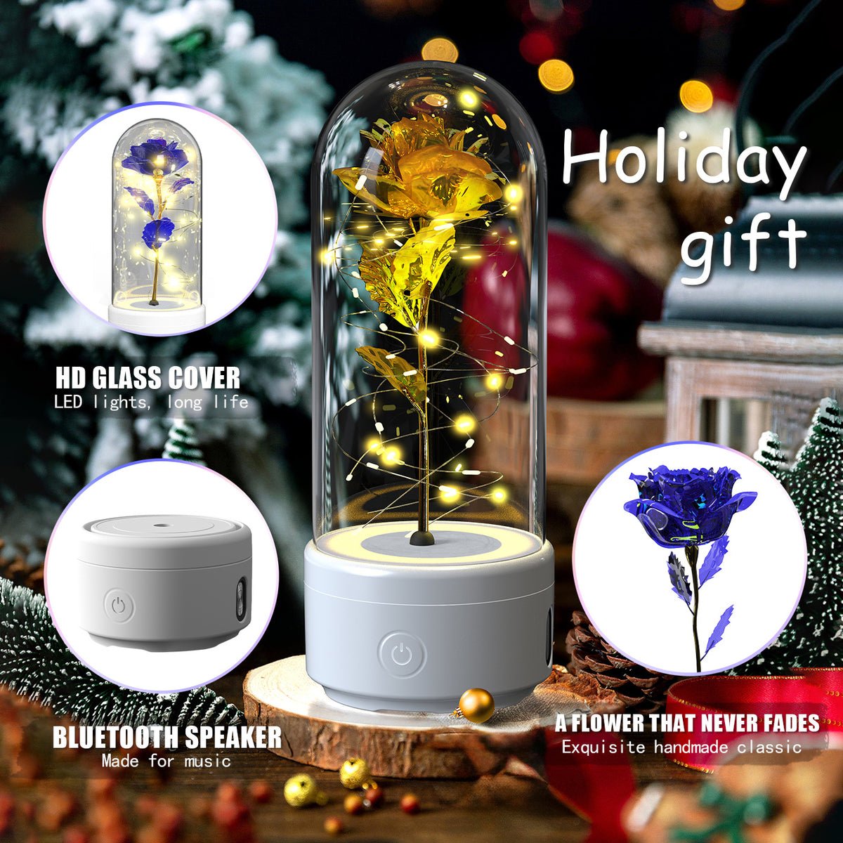 Creative 2 In 1 Rose Flowers LED Light And Bluetooth-compatible Speaker Valentine's Day Gift Rose Luminous Night Light Ornament In Glass Cover - Rokkaku 18 online shop