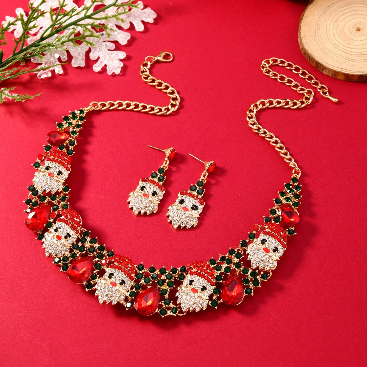 3pcs Christmas Necklace Earrings Set With Colored Rhinestones Ins Fashionable Shiny Santa Claus Necklace For Womens Jewelry - Rokkaku 18 online shop