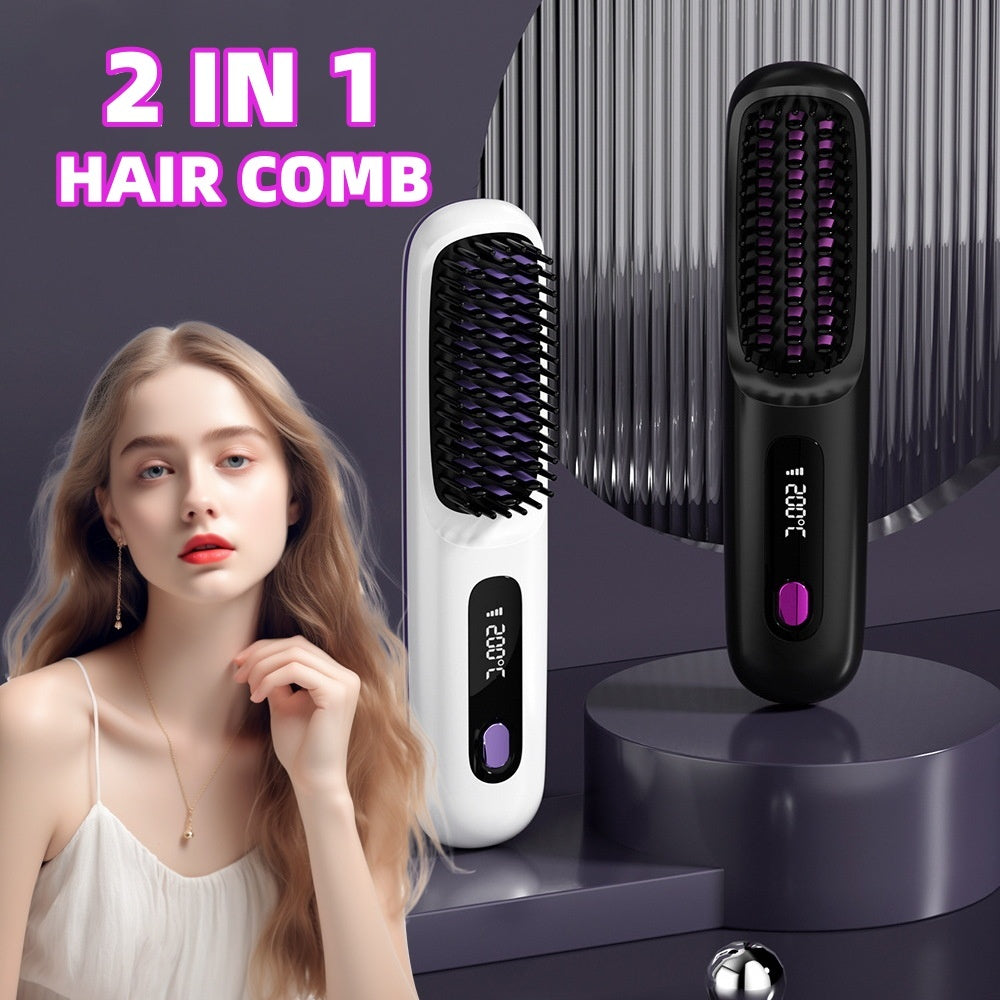 2 In 1 Straight Hair Comb Wireless Hair Straightener Brush Hair Fast Heating Portable Hot Curler USB Charging - Rokkaku 18 online shop