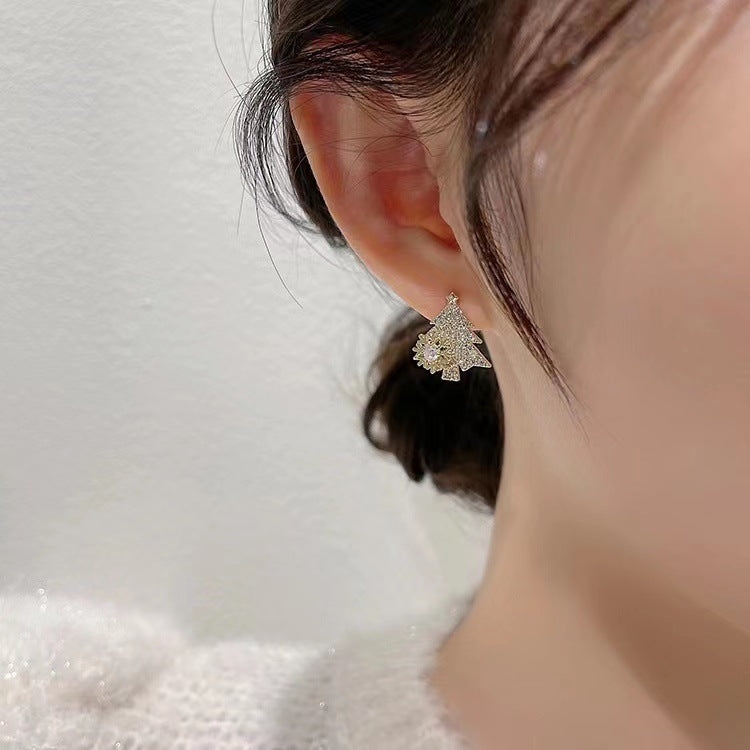 Rotatable Christmas Tree Earrings Shiny Rhinestone Snowflake Stud Earring New Year Xmas Festival Ear Jewelry Gifts Autumn And Winter - Rokkaku 18 online shop