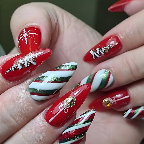 24pcs Christmas False Nails Hat Striped Snowflake Nail Art Stickers For Parties Dances Or Holiday Wear - Rokkaku 18 online shop