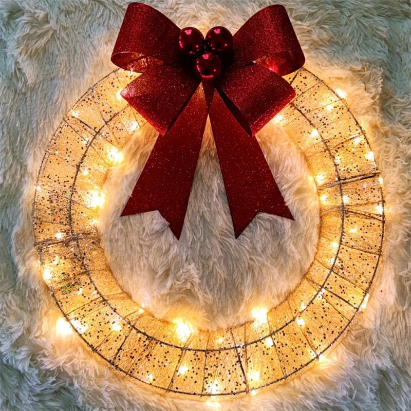 Christmas Garland 50CM Luminous LED Warm Light Metal Luminous Wreath With Big Bowknot Christmas Front Door Home Holiday Party Door Hanging Decor - Rokkaku 18 online shop