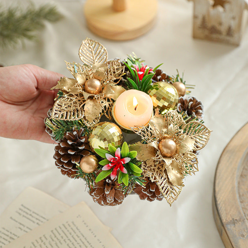 Christmas Candle Metals Candlestick Wreath Artificial Pinball Pinecone Candle Holder Fake Leaves Xmas New Year Home Table Decor - Rokkaku 18 online shop