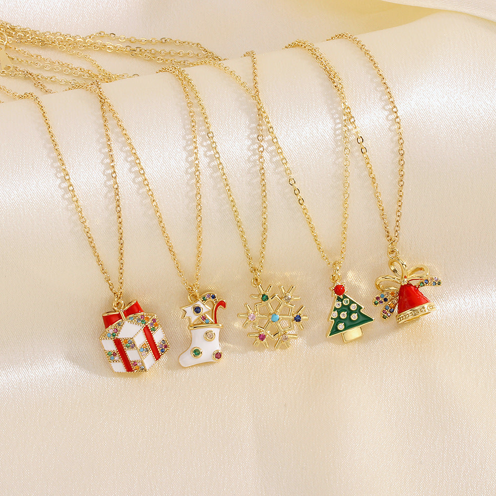 Christmas Tree Santa Claus Elk Snowman Oil-drop Necklace With Colored Rhinestones Ins Festival Clavicle Chain Necklace For Women Jewelry - Rokkaku 18 online shop