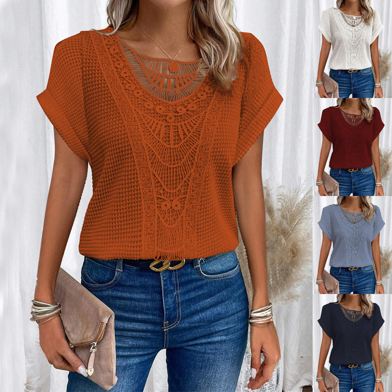 Summer Hollow Out Short-sleeved T-shirt Fashion Ethnic Style Tops Women's Clothing - Rokkaku 18 online shop