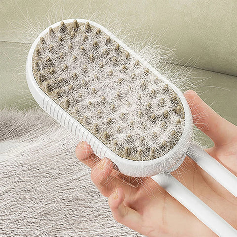 CJ electric pet grooming brush with white bristles removing loose pet hair effectively