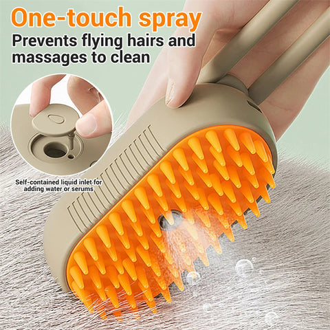 Electric pet grooming brush with one-touch spray feature preventing flying hairs and easy cleaning
