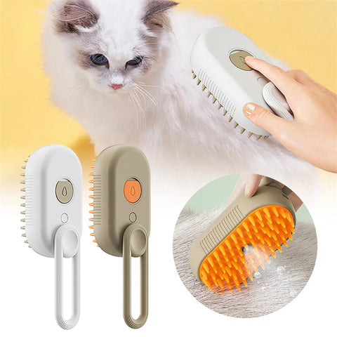 CJ electric pet grooming brush in white and beige with soft silicone bristles used on fluffy white cat